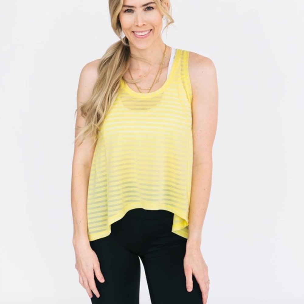 Zyia Active Nimbus Split Back Tank Top Lemon Yellow Stripe S